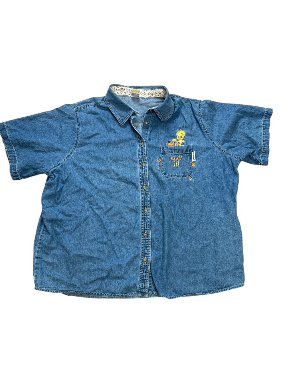 Y2K Vintage Looney Tunes Tweety Bird Stuff It Embroidered Chambray Button Down S